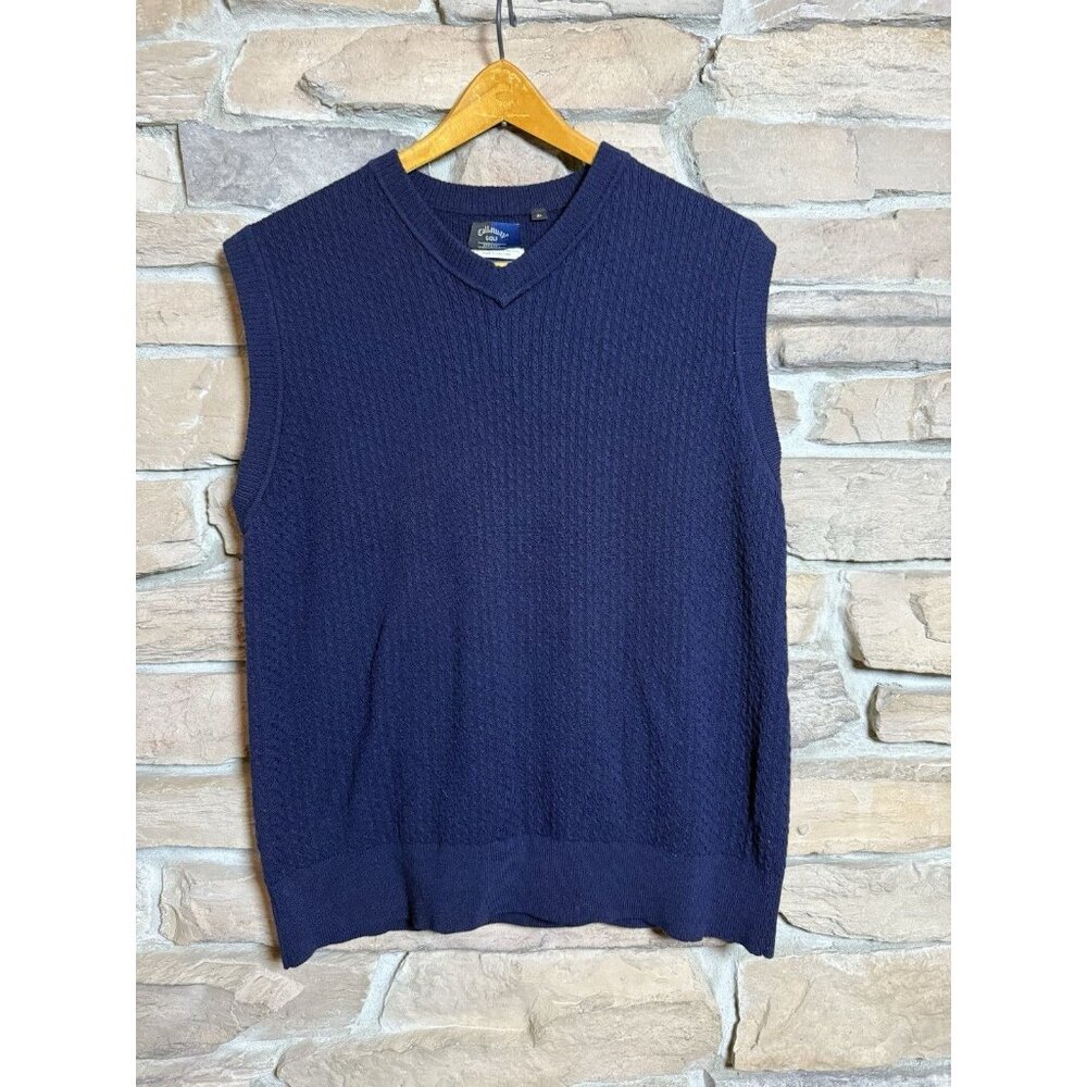 Vintage Callaway Golf Men's Cable Knit Vest 100% Merino Wool Blue Sz XL